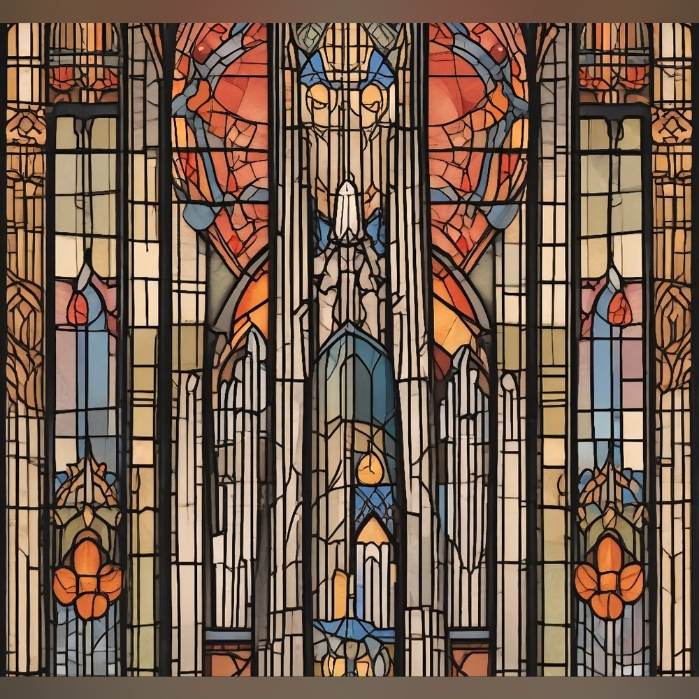 Elegant Stained Glass Art Print with Orange and Blue Accents